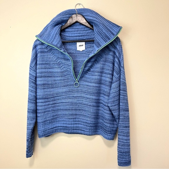 Aerie Oversized Wool Blend Cropped Stripe Sweater - Blue - Funnel Neck - Picture 4 of 13